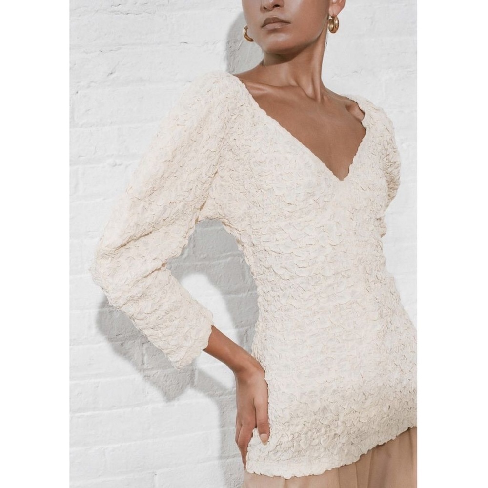 Mara Hoffman Cream Textured V-Neck Puff Sleeve Top